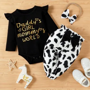 3pcs Baby Girl Letter and Cow Print White Long-sleeve Romper and Bowknot Trousers Set #195137