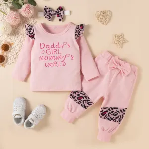 3pcs Baby Girl Letter Print Leopard Splice Long-sleeve T-shirt and Trousers Set #829086