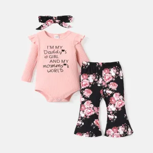 3pcs Baby Girl Letter Print Ribbed Romper and Floral Print Flared Pants & Headband Set