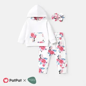 3pcs Baby Girl Long-sleeve Spliced Hoodie and Floral Print Naiaâ¢ Pants & Headband Set #224562