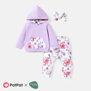 3pcs Baby Girl Long-sleeve Spliced Hoodie and Floral Print Naiaâ¢ Pants & Headband Set #224569