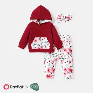 3pcs Baby Girl Long-sleeve Spliced Hoodie and Floral Print Naiaâ¢ Pants & Headband Set #224576