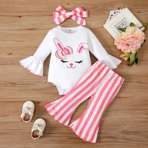 3pcs Baby Girl Rabbit Graphic Bell Sleeves Onesies & Stripe Flared Pants & Headband Set #1051108