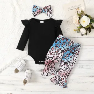 3pcs Baby Girl Ribbed Ruffle Long-sleeve Romper and Leopard Print Flared Pants & Headband Set #1056304