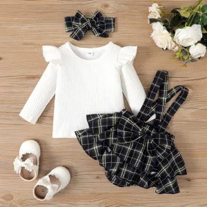 3pcs Baby Girl Ribbed Ruffle Solid Long-sleeve Top and Bow Decor Strappy Bodysuit Dress & Headband Set #1050661