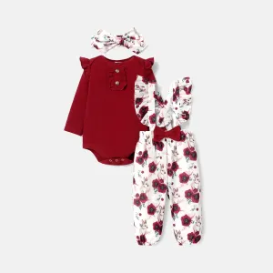 3pcs Baby Girl Solid Cotton Long-sleeve Romper and Rabbit & Floral Print Ruffle Trim Suspender Pants with Headband Set #721324