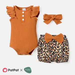 3pcs Baby Girl Solid Cotton Ribbed Flutter-sleeve Romper and Bow Front Leopard Print Naiaâ¢ Shorts & Headband Set #718135