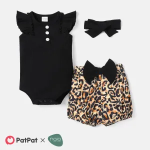 3pcs Baby Girl Solid Cotton Ribbed Flutter-sleeve Romper and Bow Front Leopard Print Naiaâ¢ Shorts & Headband Set #718139