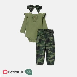 3pcs Baby Girl Solid Cotton Ribbed Long-sleeve Romper and Camouflage Print Belted Pants & Headband Set #218126