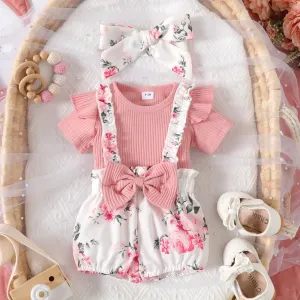 3pcs Baby Girl Solid Cotton Ribbed Ruffle Short-sleeve Romper and Floral Print Suspender Shorts & Headband Set #791734