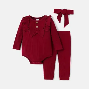 3pcs Baby Girl Solid Cotton Ribbed Ruffle Trim Bow Front Long-sleeve Romper and Pants with Headband Set #218287