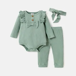 3pcs Baby Girl Solid Cotton Ribbed Ruffle Trim Bow Front Long-sleeve Romper and Pants with Headband Set #218291