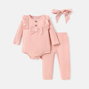 3pcs Baby Girl Solid Cotton Ribbed Ruffle Trim Bow Front Long-sleeve Romper and Pants with Headband Set #218296