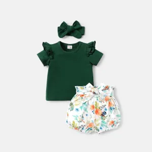 3pcs Baby Girl Solid Cotton Ruffle Short-sleeve Tee and Floral Print Belted Shorts & Headband Set