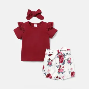3pcs Baby Girl Solid Cotton Ruffle Short-sleeve Tee and Floral Print Belted Shorts & Headband Set #720643