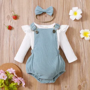 3pcs Baby Girl Solid Ribbed Ruffle Sleeve Top and Overall Shorts with Headband Set #197219