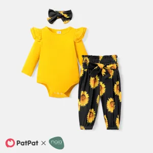 3pcs Baby Girl Solid Ruffle Trim Long-sleeve Romper and Sunflower Print Belted Naiaâ¢ Pants & Headband Set #226284