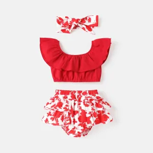 3pcs Baby Girl Solid Ruffled Crop Tank Top and Floral Print Layered Shorts & Headband Set #896355