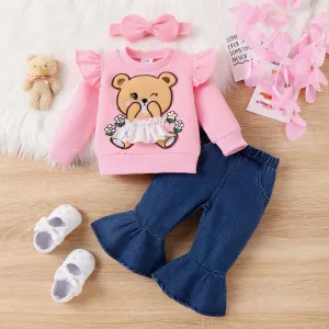 3PCS Baby Girl  Sweet Hyper-Tactile Bear Pattern Sweater/ Denim Jeans Set #1166950