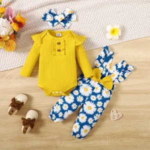 3pcs Baby Girl Sweet Little Daisy with Ruffle Edge Long SLeeve Set #1058034