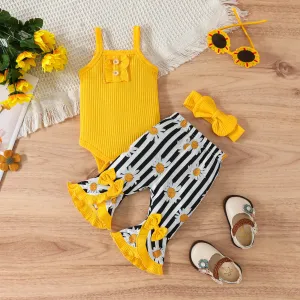 3pcs Baby Girl Yellow Ruffle Trim Rib-knit Cami Bodysuit & Daisy Striped Print Flared Pants & Headband Set
