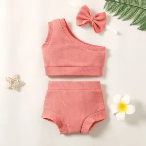 3pcs Baby Girl's Cute Sets in Slanted Shoulder Solid Color Grid Pattern #1323238