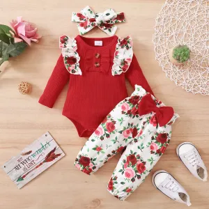 3pcs Baby Red Ribbed Long-sleeve Ruffle Romper and Rose Floral Print Bowknot Trousers Set #195010