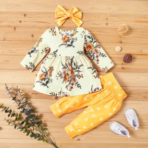 3pcs Floral Allover Long-sleeve Yellow Baby Set #190165
