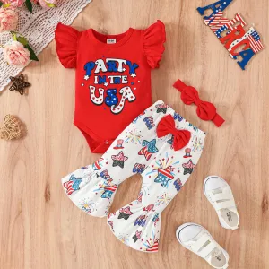 3pcs Independence Day Baby Girl 95% Cotton Letter Print Ruffle-sleeve Bodysuit & Bow Decor Flared Pants & Headband Set #925533