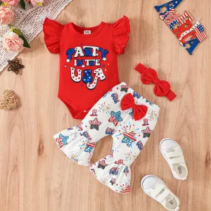 3pcs Independence Day Baby Girl 95% Cotton Letter Print Ruffle-sleeve Bodysuit & Bow Decor Flared Pants & Headband Set #925535