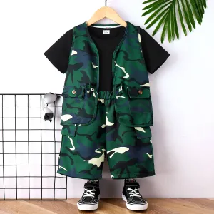 3pcs Kid Boy Solid Short-sleeve Tee and Camouflage Pocket Vest & Shorts Set #1048359