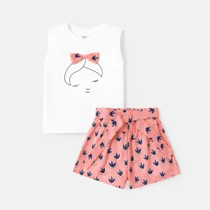 3pcs Kid Girl 3D Bowknot Design Sleeveless Tee and Allover Print Shorts & Belt Set #753289