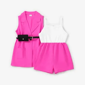 3pcs Kid Girl Vest Blazer & Slip Romper & Mini Belt Bag Set #1051156