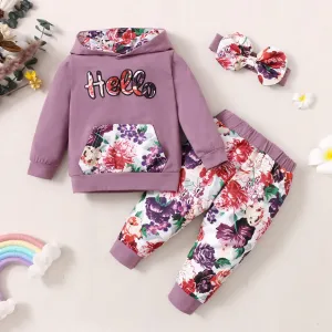 3pcs Letter and Floral Print Hooded Long-sleeve Crimson Baby Set #187069