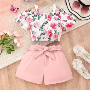 3pcs Toddler Girls' Sweet Hanging Strap Plants and Floral Rose Pattern Top and Belt and  Pants Set #1320272