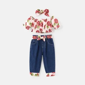 4pcs Baby Girl Allover Floral Print Off Shoulder Puff-sleeve Crop Top and Jeans with Belt & Headband Set #776086