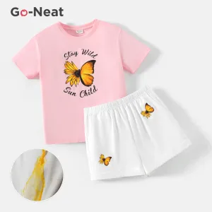 [4Y-14Y] Go-Neat Water Repellent and Stain Resistant 2pcs Kid Girl Breathable Butterfly Print Tee and Shorts Set #203351