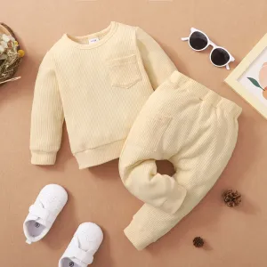 Baby 2pcs Cotton Waffle Solid Long-sleeve Pullover Set #1240424