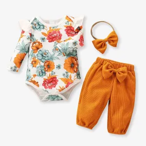 Baby 3pcs Floral Print Long-sleeve Romper and Solid Waffle Trouser Set #828964