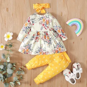 Baby 3pcs Floral Print White Long-sleeve Dress and Solid Trouser Set #829045