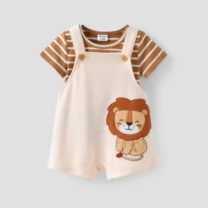 Baby Boy 2pcs Stripe Pattern Tee and Lion Print Overalls Shorts Set/ Sandals #1326558