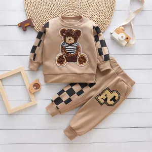 Baby Boy Autumn Grid Print Bear Embroidery Towel Top and Pants Set #1319571