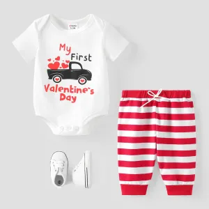 Baby Boy/Girl Valentine's Day 2pcs Letter Print Romper and Stripe Pants Set #1325742