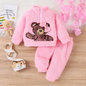 Baby Girl 2PCS Bear Animal print Fuzzy Set with Stand Collar #1193481