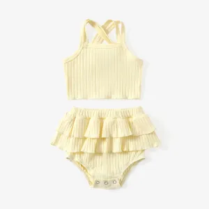 Baby Girl 2pcs Double Cross Sling Crop Camisole and Ruffled Shorts Set