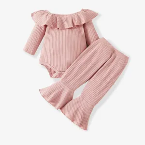 Baby Girl 2pcs Solid Ribbed Ruffle Long-sleeve Romper and Flared Pants Set #1098221