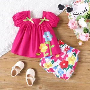 Baby Girl 2pcs Sweet Big Flower Pattern Square Neckline Top and Shorts Set #1338174