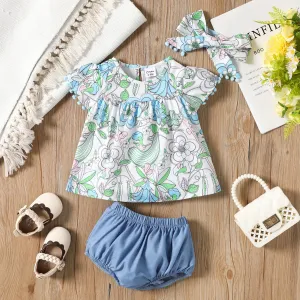 Baby Girl 3pcs Floral Pattern Blouse Top and Shorts with Headband Set
