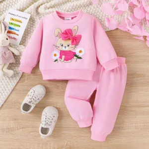 Baby Girl Cute Rabbit Animal print 3D Embroidered Sweatsuit Set #1196083