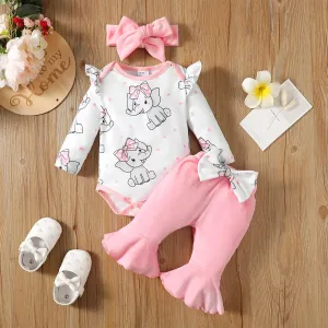 Baby Girl Elephant Print Ruffled Long-sleeve Dress / Bodysuit Sets #1083393